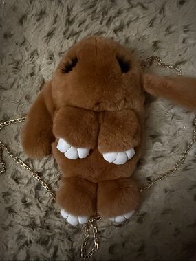 Brown Plush Bunny Crossbody Bag with Gold Chain